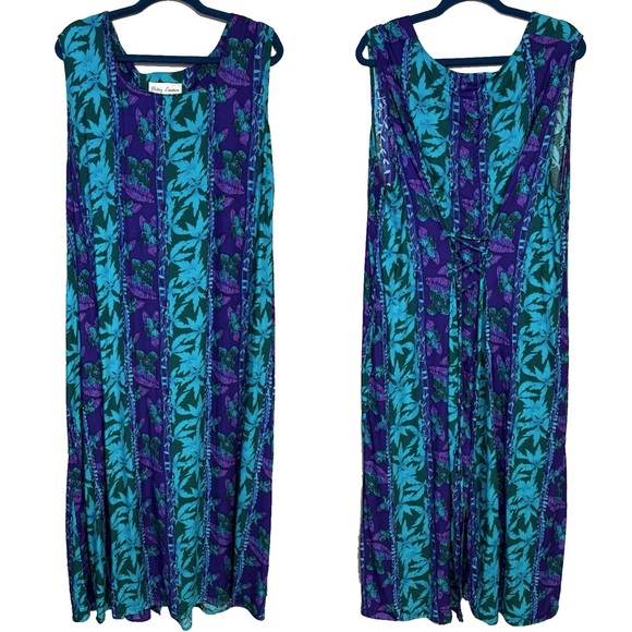 Vintage Betsy Lauren Maxi Dress 24W Sleeveless Blue Purple Floral Tie Back Coast - Picture 1 of 11